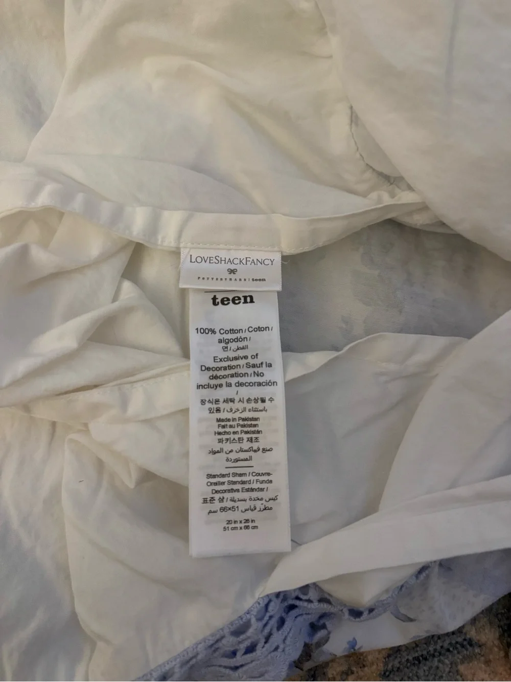 LoveShackFancy White and Pale Blue Floral Lace Trim Throw